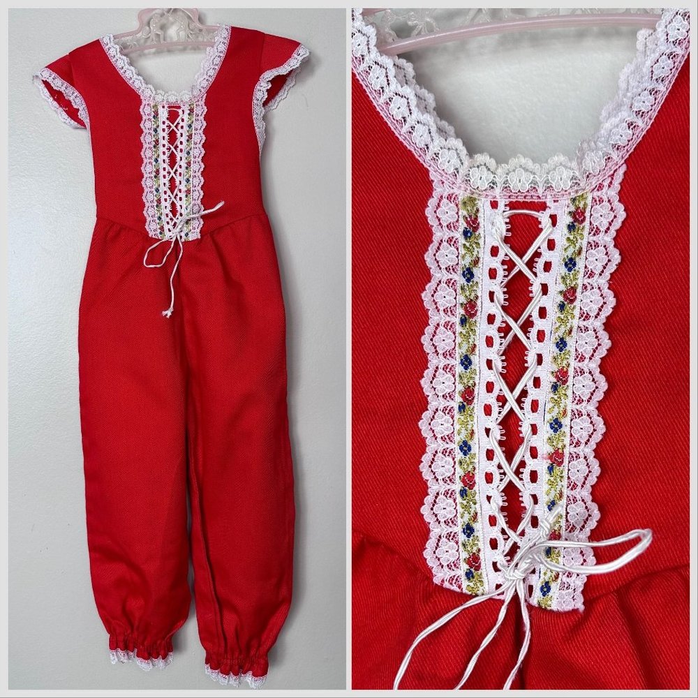Vintage 1970s Girls Overall Jumpsuit with Lace Up Bodice, Evy of California 2T